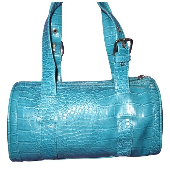 Turquoise Blue Y2K Snakeskin Embossed Vegan Leather Barrel Bag - Picture 2 of 13